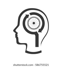profile human with bicycle wheel emblem icon