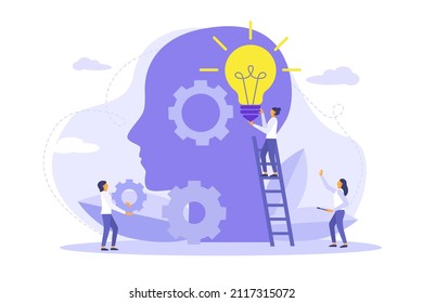 Profile human head with bulb lamp, gear, tiny people. Vector flat illustration concept creativity, idea, mind, thinking, innovation, knowledge, solution.  Design for banner, background, poster