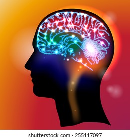 Profile Of A Human Head With A Colorful Symbol Of Neurons In The Brain 