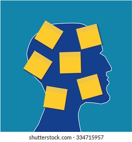 Profile of a human head covered with yellow sticky notes and copy space for text