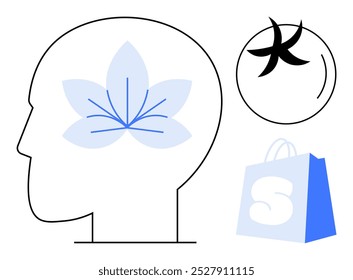 Profile of a human head with a flower inside symbolizing thoughts and mental health, accompanied by a shopping bag and abstract circular designs. Ideal for health, mindfulness, shopping, psychology