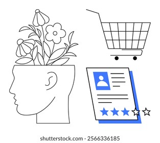 Profile of a human head with flowers, a shopping cart, and a four-star rating card with three blue stars. Ideal for mental health, shopping, customer reviews, self-growth, nature themes. Simple line