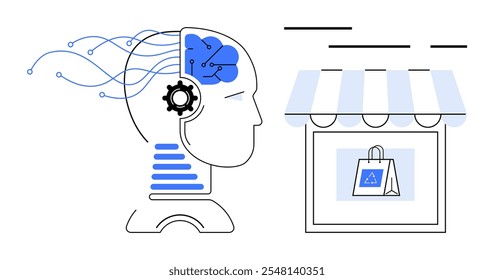 Perfil da cabeça humana com engrenagem e linhas de circuito ao lado de uma loja frente com um saco de compras. Ideal para inovação tecnológica e automação de IA de varejo eCommerce experiência do usuário. Estilo de contorno, tons de azul