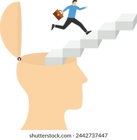 Profile of human head and ladder. Self-improvement psychology education concept, a training course in a growth mindset. Development of personal potential, woman climbing the ladder to the top.