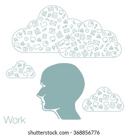Profile human head on background of icons. Team networking in cloud services and technologies. Remote teamwork through apps in web network. Tools for working in the team. Hackathon, workshop, seminar.