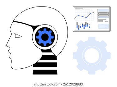 Profile of a human-thumbs up head with a gear in place of the brain, alongside a data dashboard with charts and graphs. Ideal for technology, artificial intelligence, data analysis, innovation