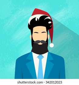 Profile Icon Businessman Male New Year Christmas Holiday Red Santa Hat Avatar Portrait Business Man Person Hipster Beard Face Flat Vector Illustration