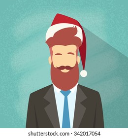 Profile Icon Businessman Male New Year Christmas Holiday Red Santa Hat Avatar Portrait Business Man Person Hipster Beard Face Flat Vector Illustration