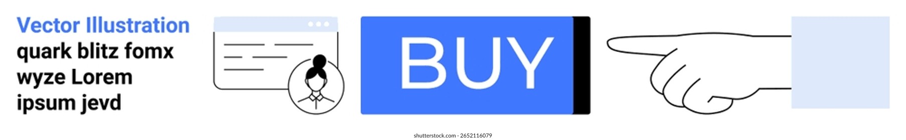 Ícone de perfil, botão de compra, ponteiro, elementos básicos do usuário, tons de azul e preto. Ideal para interface de usuário, design na Web, comércio eletrônico, compras digitais, prompts de navegação, design gráfico, marketing