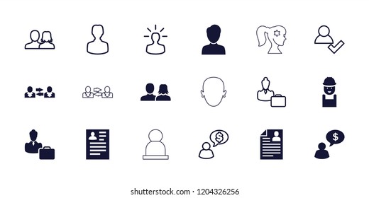 Profile icon. collection of 18 profile filled and outline icons such as man and woman, resume, woman consultant with case. editable profile icons for web and mobile.