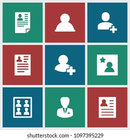 Profile icon. collection of 9 profile filled icons such as resume, user, add friend, photo for passport, favorite photo. editable profile icons for web and mobile.