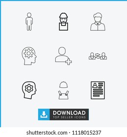 Profile icon. collection of 9 profile outline icons such as resume, worker, gear in head, user, communication. editable profile icons for web and mobile.