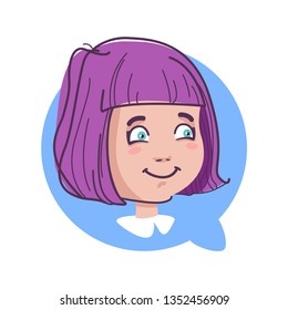Profile icon cute girly head in chat bubble isolated, european kid smiling with open eyes, avatar cartoon character portrait flat vector illustration