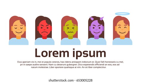 Profile Icon Female Different Emotion Set Avatar, Woman Cartoon Portrait Face Collection Vector Illustration