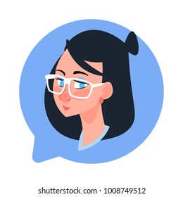 Profile Icon Female Head In Chat Bubble Isolated, Caucasian Woman Wearing Glasses Avatar Cartoon Character Portrait Flat Vector Illustration