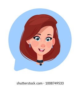 Profile Icon Female Head In Chat Bubble Isolated, Caucasian Woman Avatar Cartoon Character Portrait Flat Vector Illustration