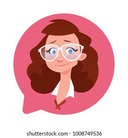 Profile Icon Female Head In Chat Bubble Isolated, Caucasian Woman Wearing Glasses Avatar Cartoon Character Portrait Flat Vector Illustration