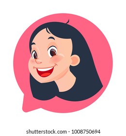 Profile Icon Female Head In Chat Bubble Isolated, Young Caucasian Woman Avatar Cartoon Character Portrait Flat Vector Illustration