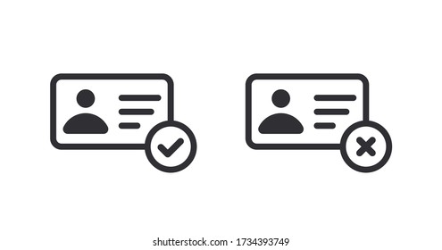 Profile icon. Id card. Personal document. Identification card icon. Medical card. Doctor id. Document icon. Reject file. Accept document. Symbols YES and NO. Delete profile. Accept profile. Passport.