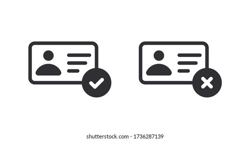 Profile icon. Id card. Personal document. Identification card icon. Medical card. Doctor id. Document icon. Reject file. Accept document. Symbols YES and NO. Accept profile. Id passport. Verification 