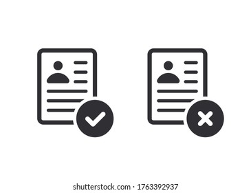 Profile icon. Id card. Personal document. Reject file. Accept document. Approved, document icon. Profile approved. Questionnaire sign. Symbols YES and NO. Application form. Office documents. Report. 