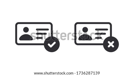 Profile icon. Id card. Personal document. Identification card icon. Medical card. Doctor id. Document icon. Reject file. Accept document. Symbols YES and NO. Accept profile. Id passport. Verification 