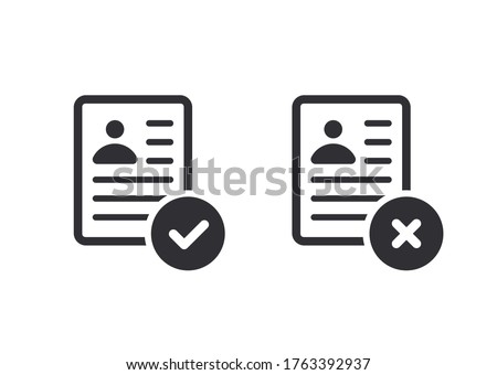 Profile icon. Id card. Personal document. Reject file. Accept document. Approved, document icon. Profile approved. Questionnaire sign. Symbols YES and NO. Application form. Office documents. Report. 