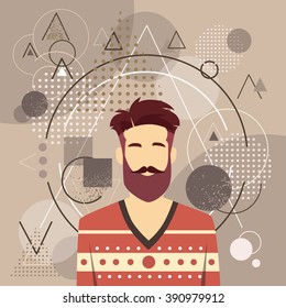 Profile Icon Male Avatar Man Hipster Style Fashion Cartoon Guy Beard Portrait Casual Person Silhouette Face Abstract Triangular Background Sketch Line Flat Design Vector Illustration