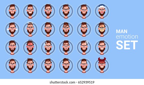 Profile Icon Male Different Emotion Set Avatar, Man Cartoon Portrait Face Collection Flat Vector Illustration