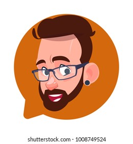 Profile Icon Male Head In Chat Bubble Isolated, Hipster Caucasian Man Avatar Cartoon Character Portrait Flat Vector Illustration