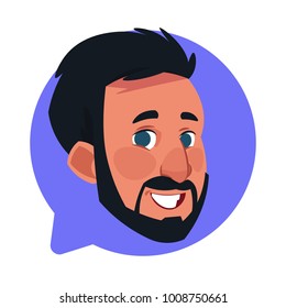 Profile Icon Male Head In Chat Bubble Isolated, Bearded Caucasian Man Avatar Cartoon Character Portrait Flat Vector Illustration