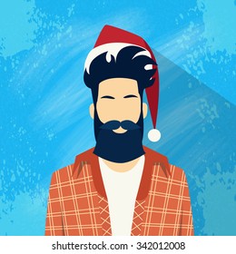 Profile Icon Male New Year Christmas Holiday Red Santa Hat Avatar Portrait Casual Person Hipster Style Fashion Cartoon Guy Beard Silhouette Face Flat Design Vector Illustration