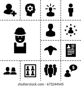 Profile icon. set of 13 filled profileicons such as goat, man and woman, resume, worker, add friend, photo for passport, user bulb, user surrounded by stars