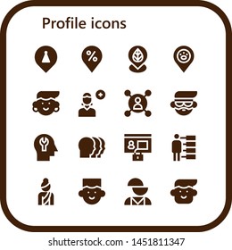 profile icon set. 16 filled profile icons.  Collection Of - Placeholder, Avatar, Add user, User, Mind, Heads, Profile, People, Woman, Mental disorder