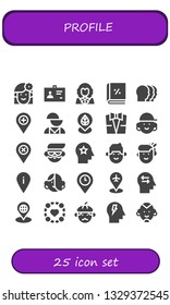 profile icon set. 25 filled profile icons.  Simple modern icons about  - Woman, ID, George washington, Account, Heads, Placeholder, Mental disorder, Suit, Avatar, Mind, Man, Group