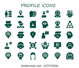  profile icon set. 30 filled profile icons. Simple modern icons about  - People, Placeholder, Heads, Add user, Man, Avatar, Mental disorder, User, Mind, Group, Remove user, Psychology
