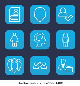 Profile icon. set of 9 outline profile icons such as face, resume, human brain, male consultant   with case, add user, group, woman, user