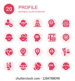 profile icon set. Collection of 20 filled profile icons included Add user, Avatar, Woman, Mind, Carrier, Cat, Placeholder, Network, Businessman, Maloik