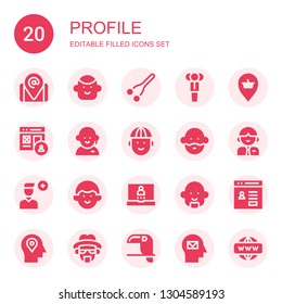 profile icon set. Collection of 20 filled profile icons included Placeholder, Avatar, Nose, Businessman, Profile, Customer service, Man, Add user, Login, Mind, Heisenberg, Toucan
