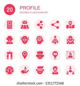 profile icon set. Collection of 20 filled profile icons included Mobile, Group, Network, Placeholder, Customer service, Serial killer, Mind, Businessman, Avatar, Metal, Portrait