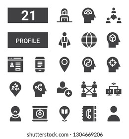 profile icon set. Collection of 21 filled profile icons included User, Contact book, Placeholder, Cat, Network, Add user, Mind, Mobile, Login, Businessman, Woman