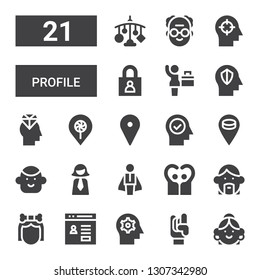 profile icon set. Collection of 21 filled profile icons included Avatar, Maloik, Mind, Login, Troglodyte, People, Businessman, Businesswoman, Placeholder, Grandfather, Mobile