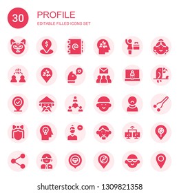 profile icon set. Collection of 30 filled profile icons included Cat, Placeholder, Address book, Head, Businesswoman, Network, Group, Login, Man, Avatar, User, Troglodyte, Mind