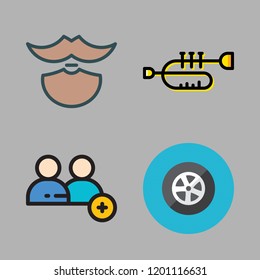 profile icon set. vector set about tire, add user, trumpet and beard icons set.