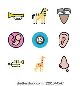 profile icon set. vector set about zebra, tire, nose and fetus icons set.