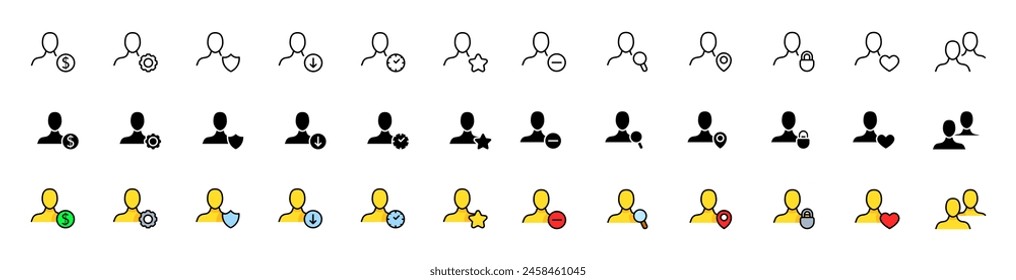 Profile icons collection. Man icons. Linear, silhouette and flat style. Vector icons