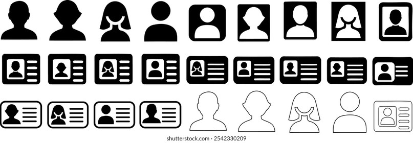 Iconos de Perfil y símbolos de tarjeta de identificación en varios estilos. Sencillos diseños de siluetas en blanco y negro, ideales para temas de identidad, contacto, avatar e interfaz de usuario