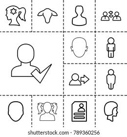 Profile icons. set of 13 editable outline profile icons such as goat, face, woman face with flower in hair, user, resume, communication, girl