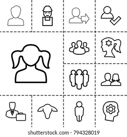 Profile icons. set of 13 editable outline profile icons such as goat, man and woman, girl, woman face with flower in hair, worker, add user, user, group, gear in head