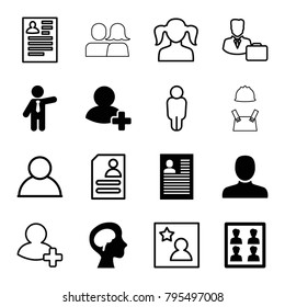 Profile icons. set of 16 editable filled and outline profile icons such as man, businessman, add friend, human brain, photo for passport, girl, resume, user, favorite photo